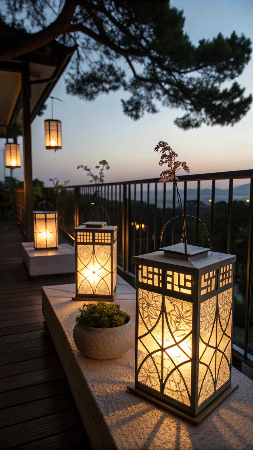 Japanese lanterns creating ambient lighting on a balcony