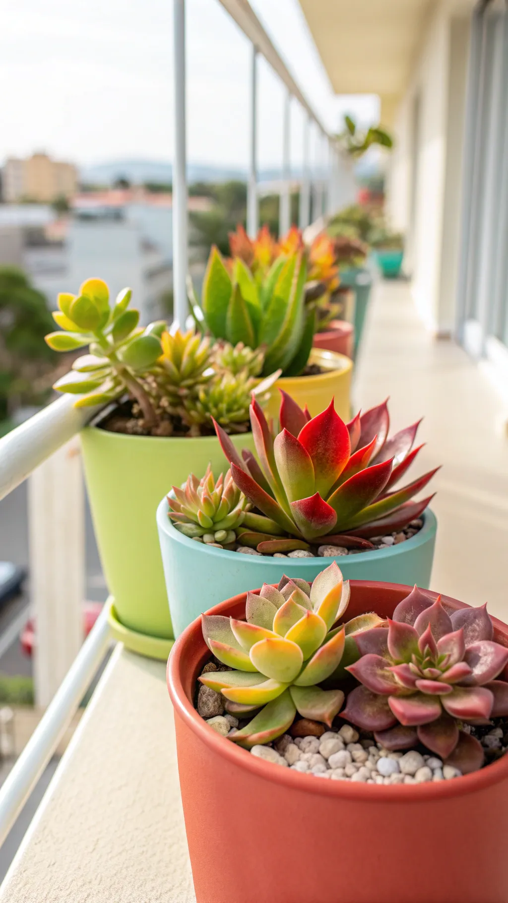 Colorful low-maintenance succulents in decorative pots on a balcony