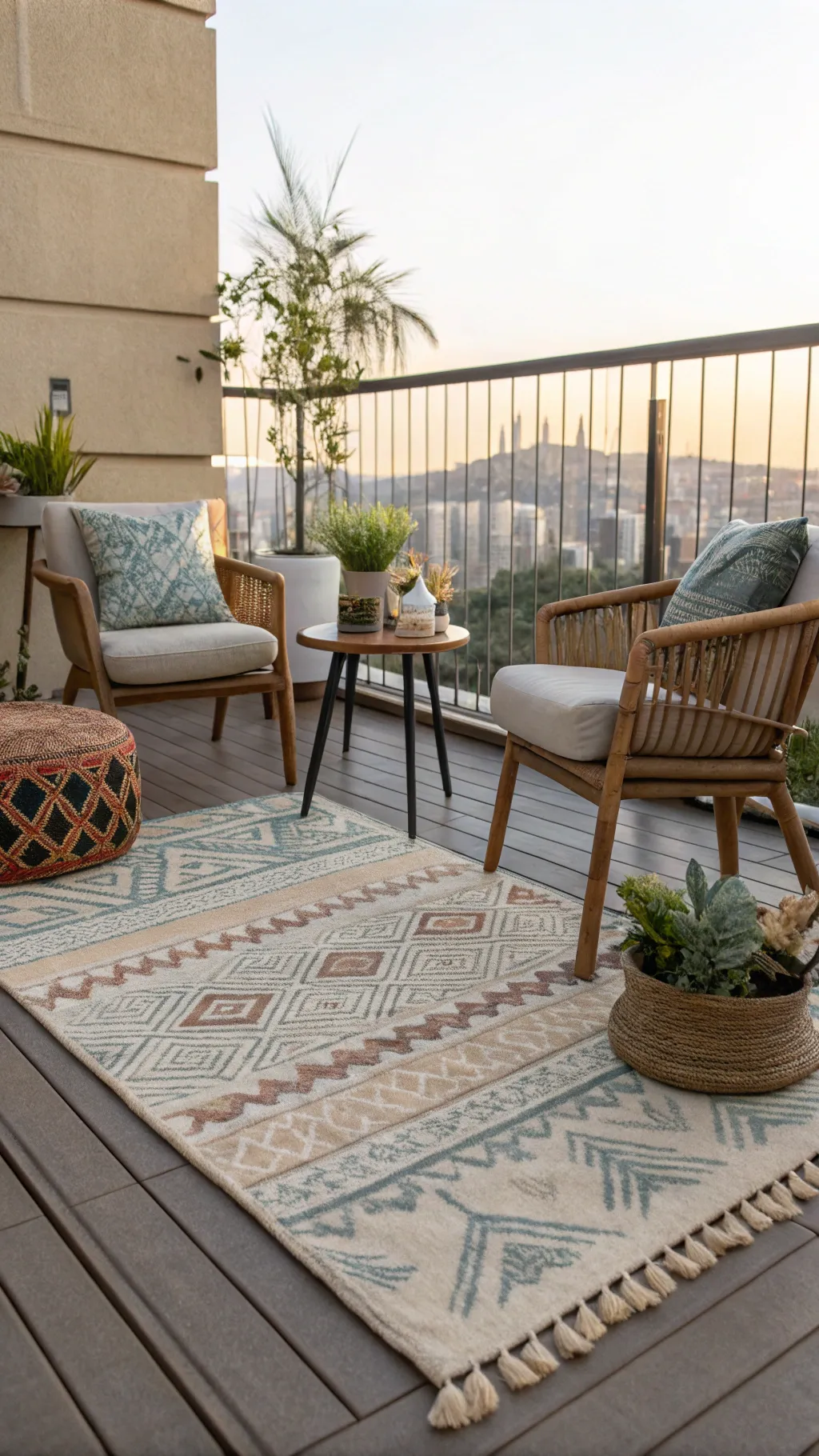 An outdoor rug enhancing comfort and style on a balcony