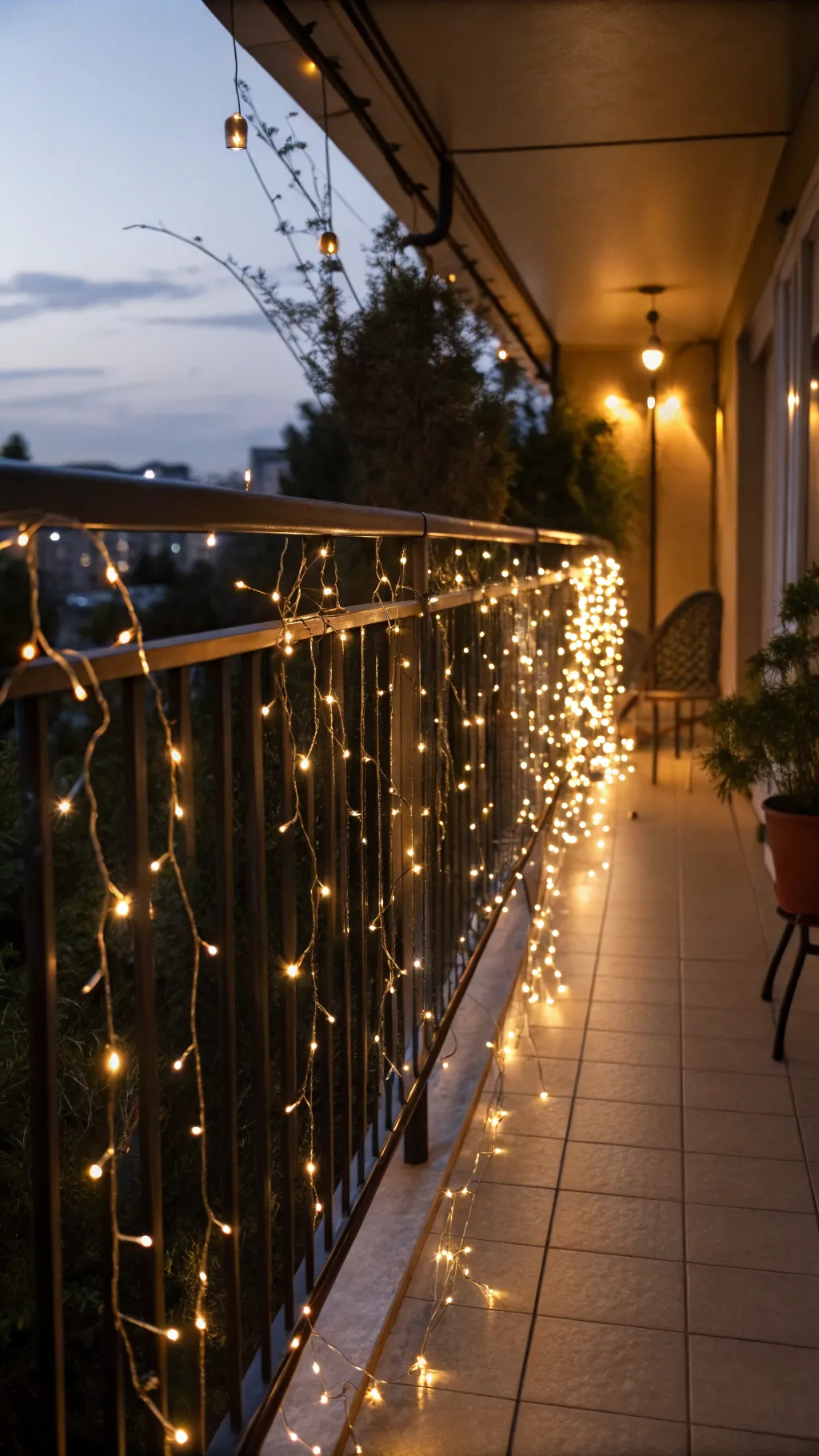 Fairy lights creating a magical ambiance on a balcony at night