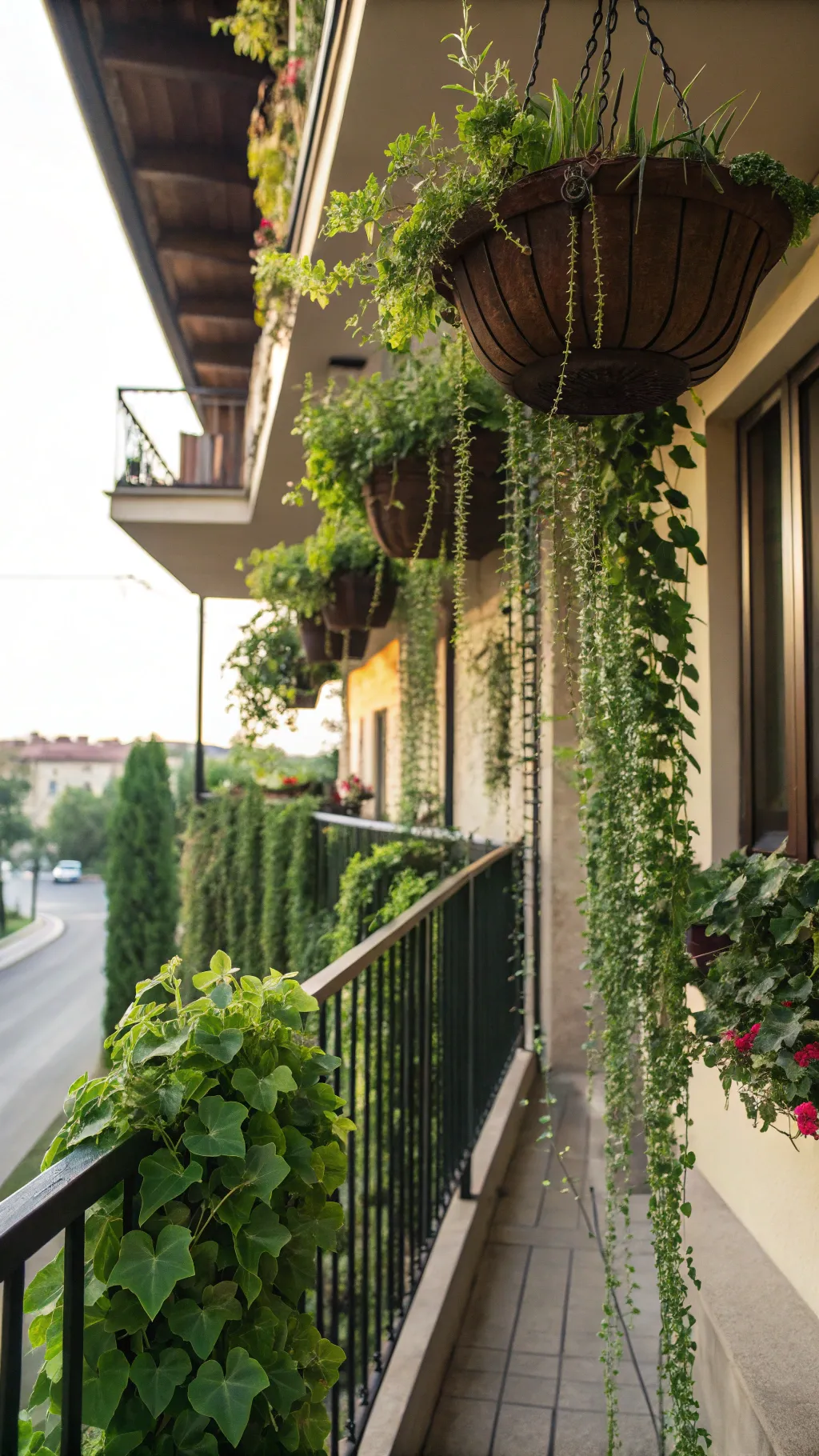 Hanging planters with trailing plants adding greenery to a balcony
