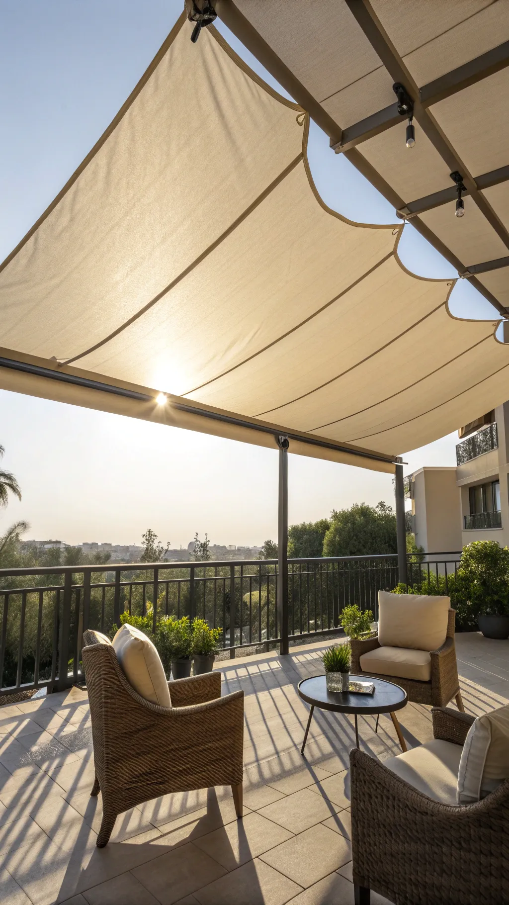An outdoor canvas canopy providing shade on a balcony