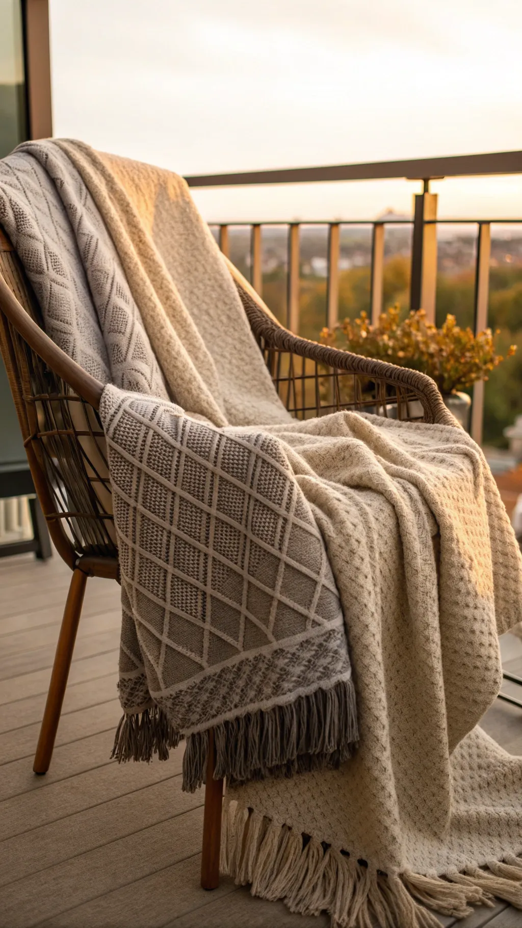 Textured throw blankets adding warmth to a balcony chair