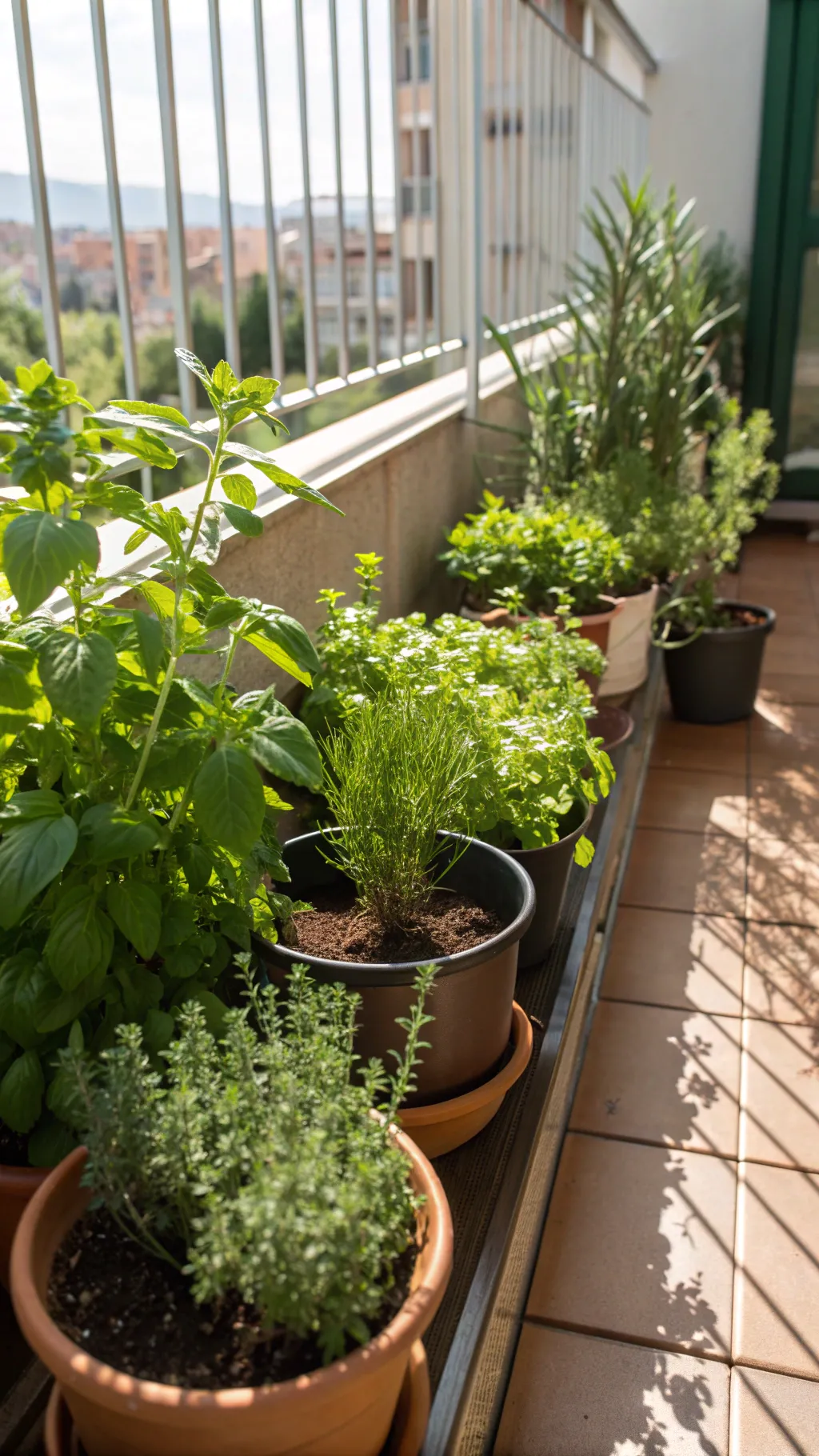 A small herb garden on a balcony with various herbs in pots