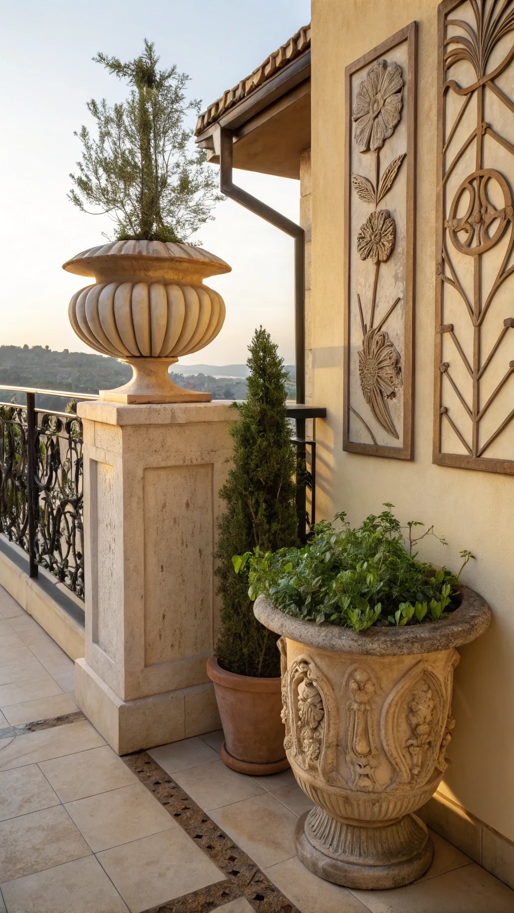 Sculptural elements adding artistic appeal to a balcony
