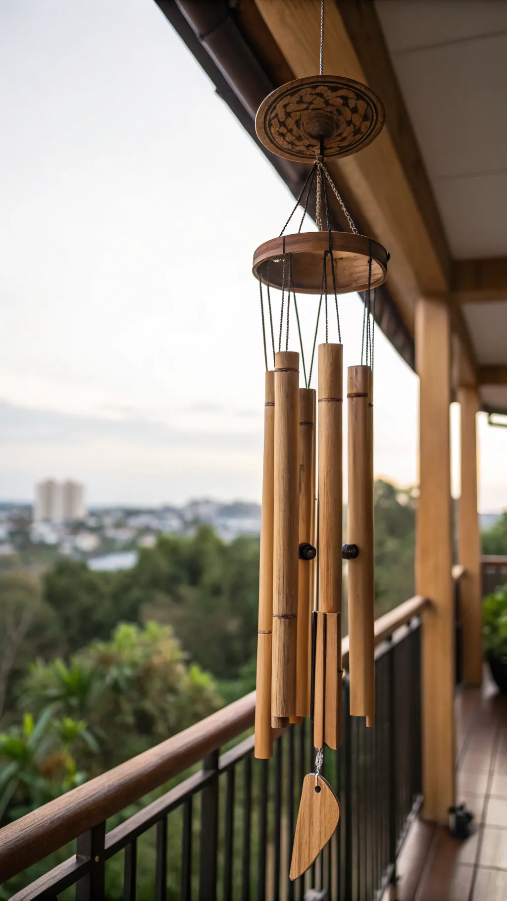 Bamboo wind chimes swaying gently on a balcony