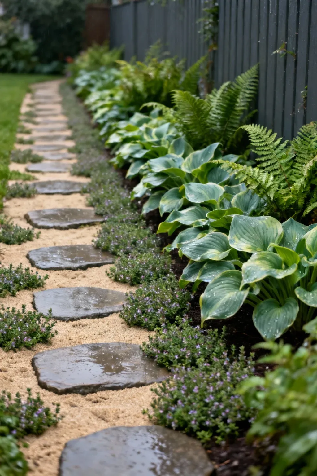 Narrow side garden path with flat stepping stones, creeping thyme joints, and shade plantings of hostas and ferns by a fence.