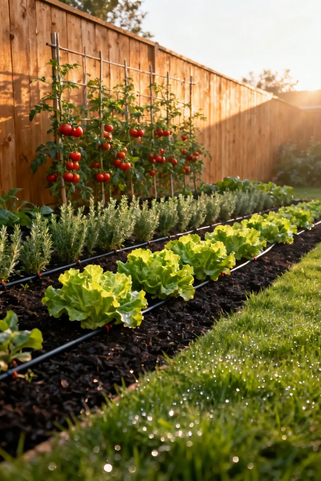 Narrow vegetable bed along a sunny fence with trellised tomatoes, herbs in the middle, lettuces in front, and hidden drip lines.
