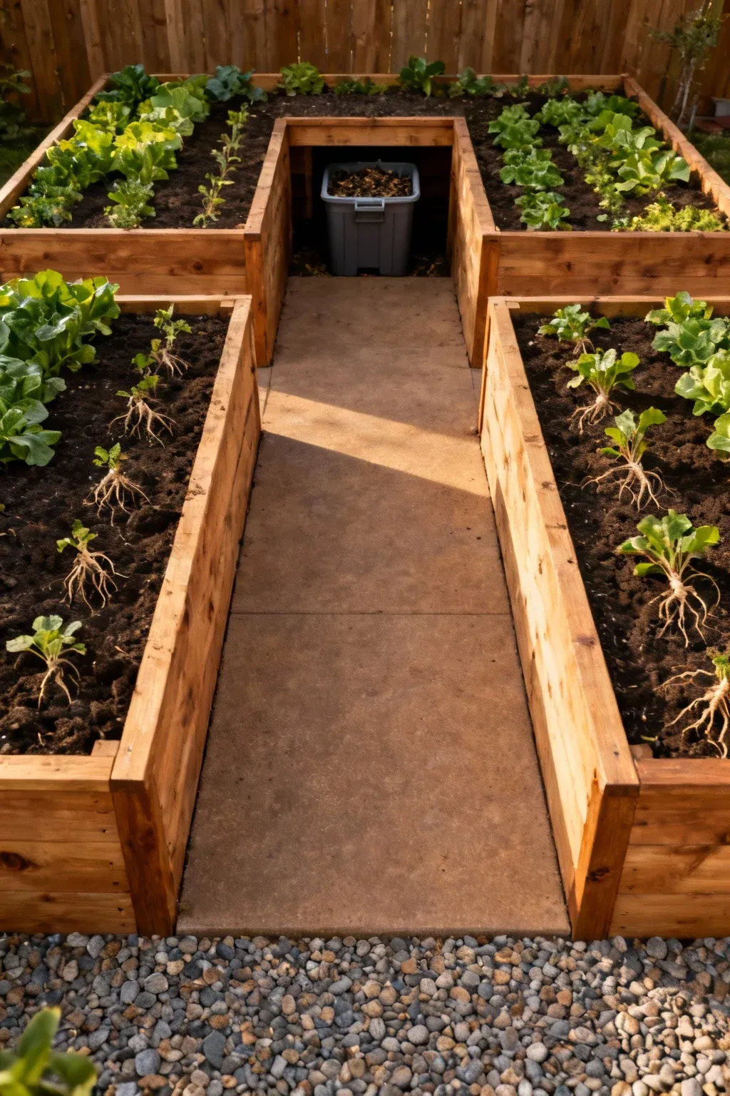 Three cedar raised beds in a U-shaped layout around a small standing area, planted densely, with a compact compost bin nearby.