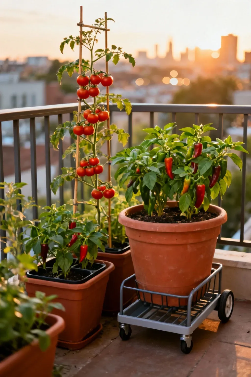 Small balcony with container vegetables: cherry tomatoes on a trellis, peppers, basil, self-watering pots, and a rolling caddy.