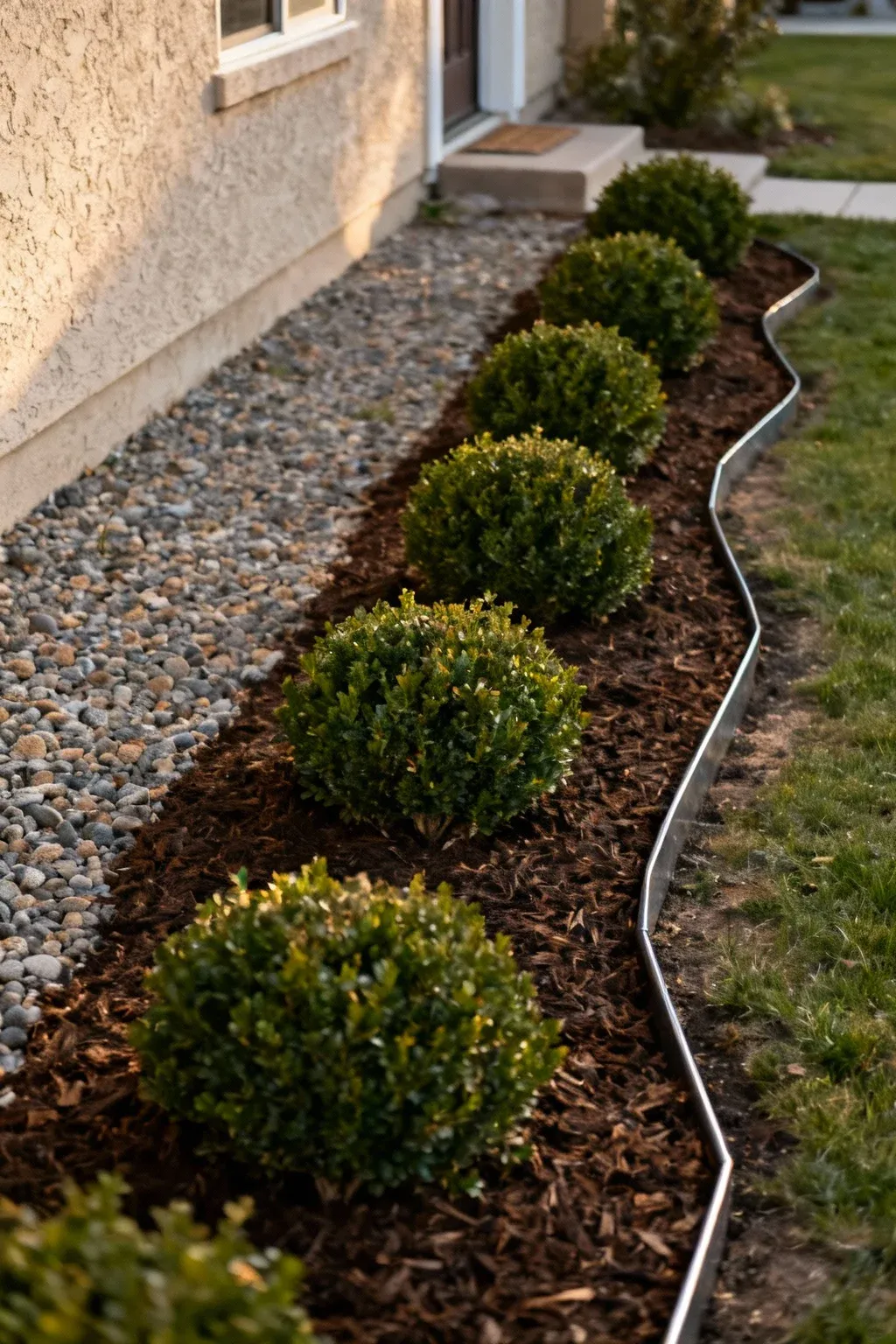 Front yard border with a low hedge and three repeated shrubs, crisp edging, and fresh mulch for a clean, welcoming look.