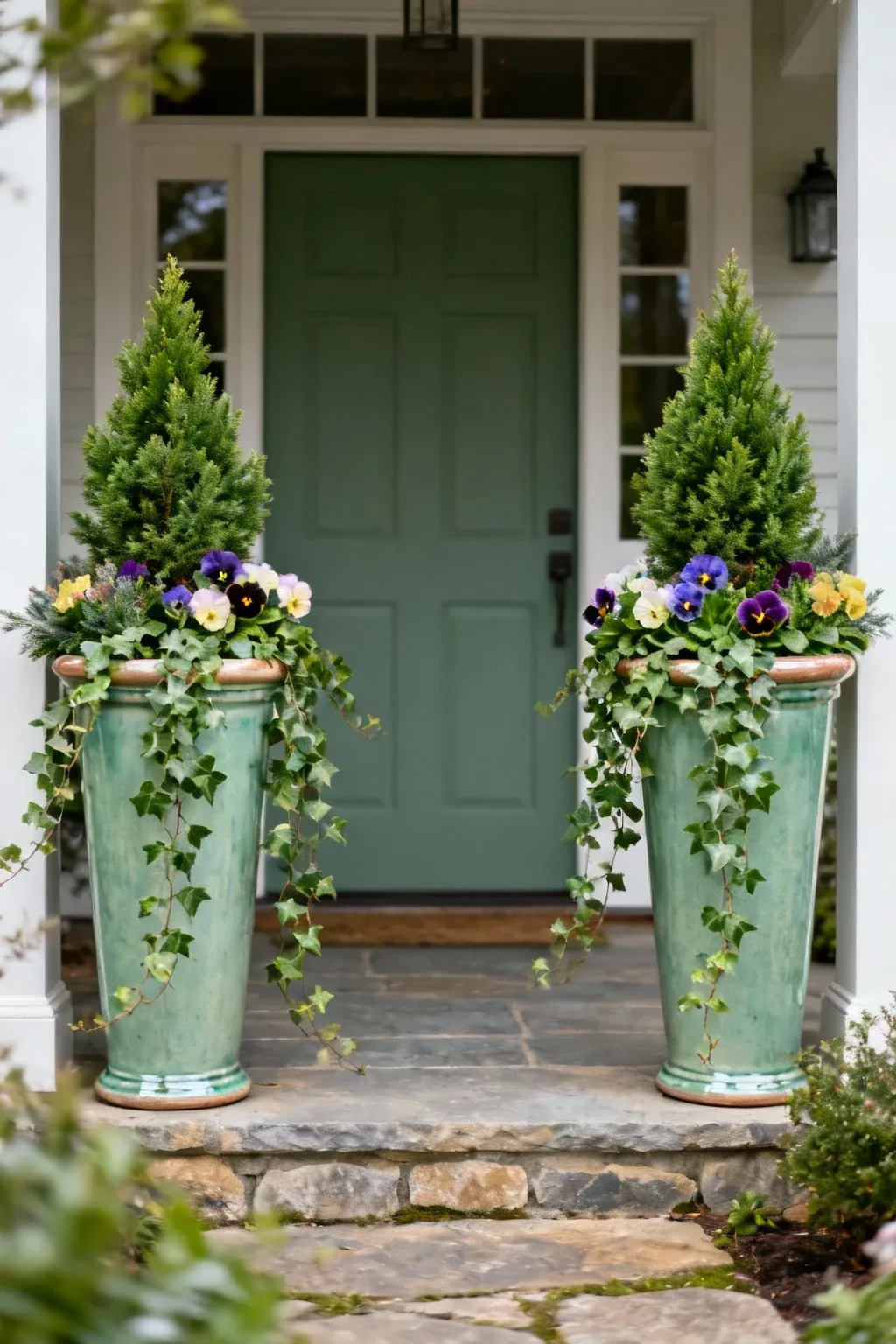 Two large entry planters with a dwarf conifer, pansies, and trailing ivy, neatly flanking a doorway with balanced symmetry.