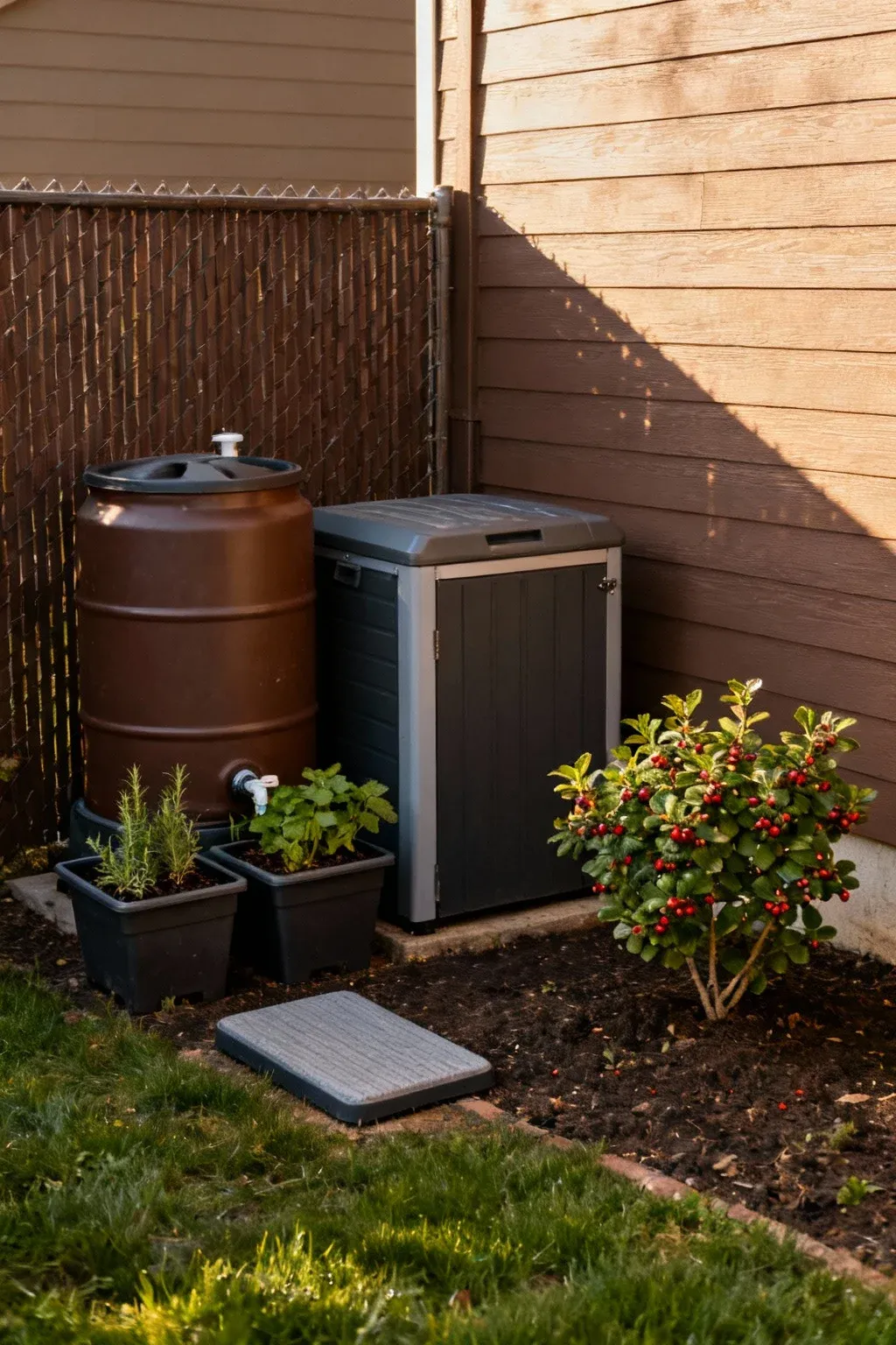 Sunny corner with rain barrel, compact compost bin, herb planters, a dwarf berry bush, and a stepping pad arranged efficiently.