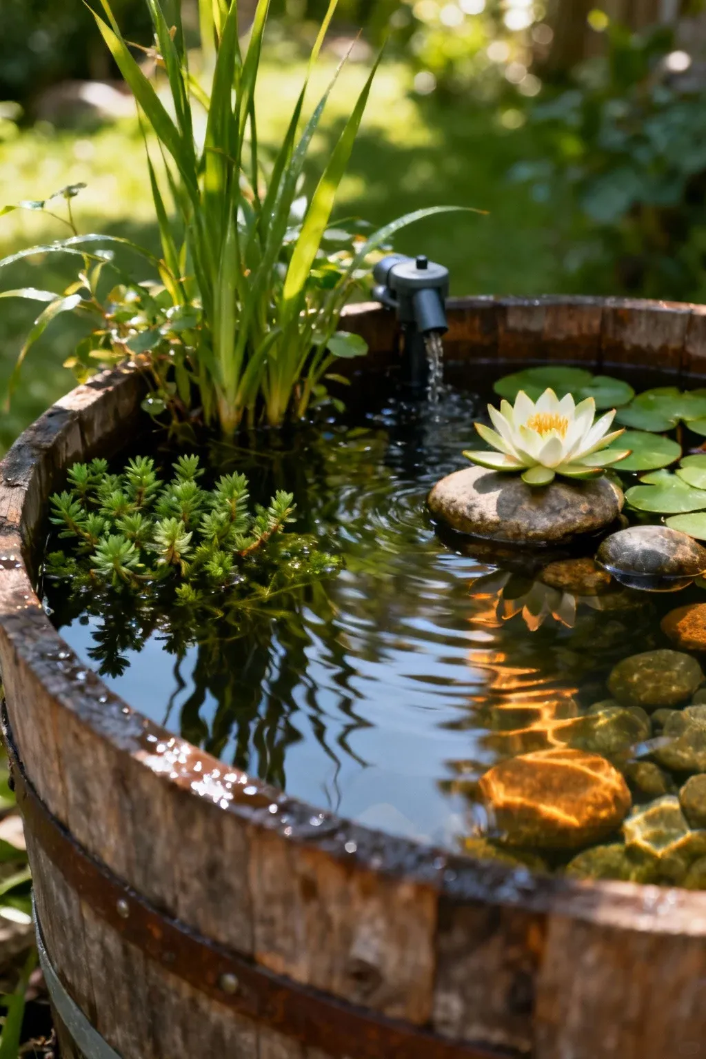 Half-barrel water garden with a small pump, dwarf water lily, submerged plants, and stones creating gentle ripples and reflections.