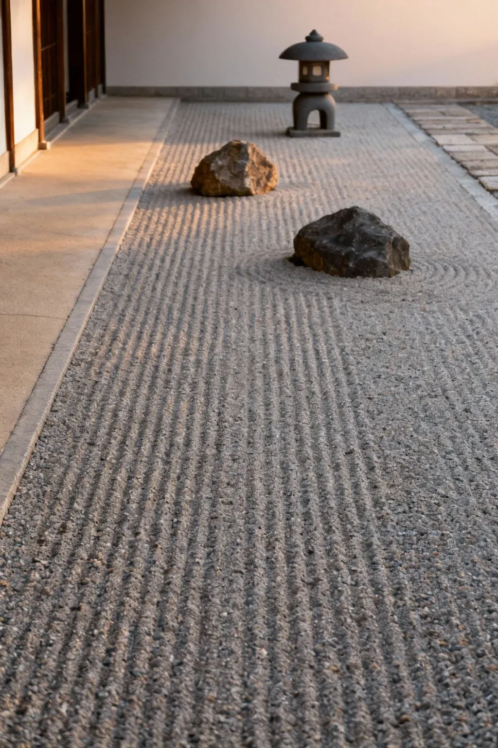 Zen-style entrance with raked gravel, two positioned boulders, and a simple lantern along a straight, uncluttered path.
