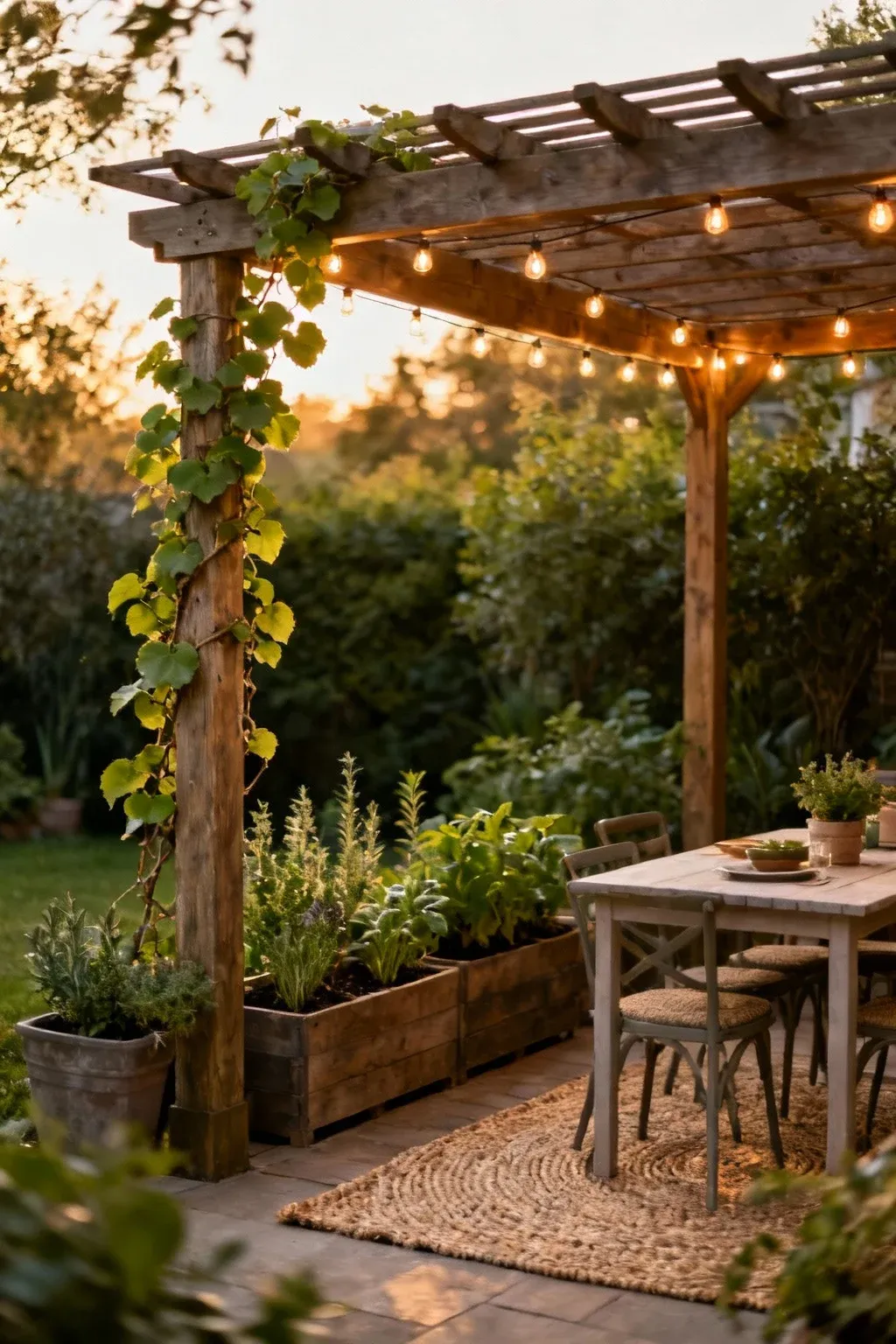 Small patio dining nook under a pergola with a climbing vine, herb planters, string lights, and a woven rug for a cozy setting.