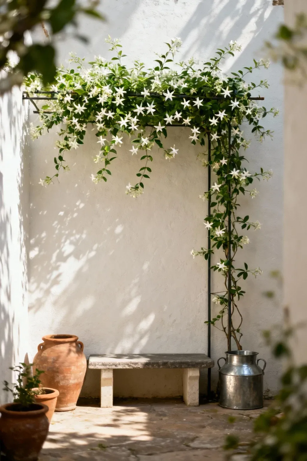 Narrow courtyard with a slim wall trellis covered in jasmine above a small bench, complemented by coordinated pots for a calm feel.