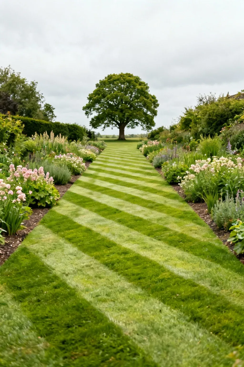 Back garden featuring diagonal mowing lines pointing to a view, framed by simple, repeating perennial borders for added width.