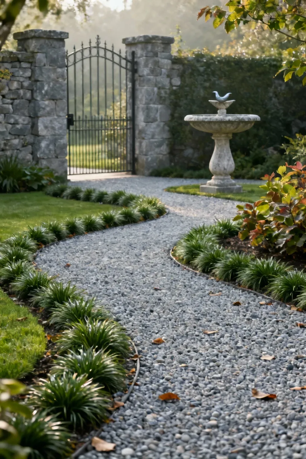 Curved gravel path leading to a stone birdbath, bordered by low plants and a calm two-tone foliage palette for a finished look.