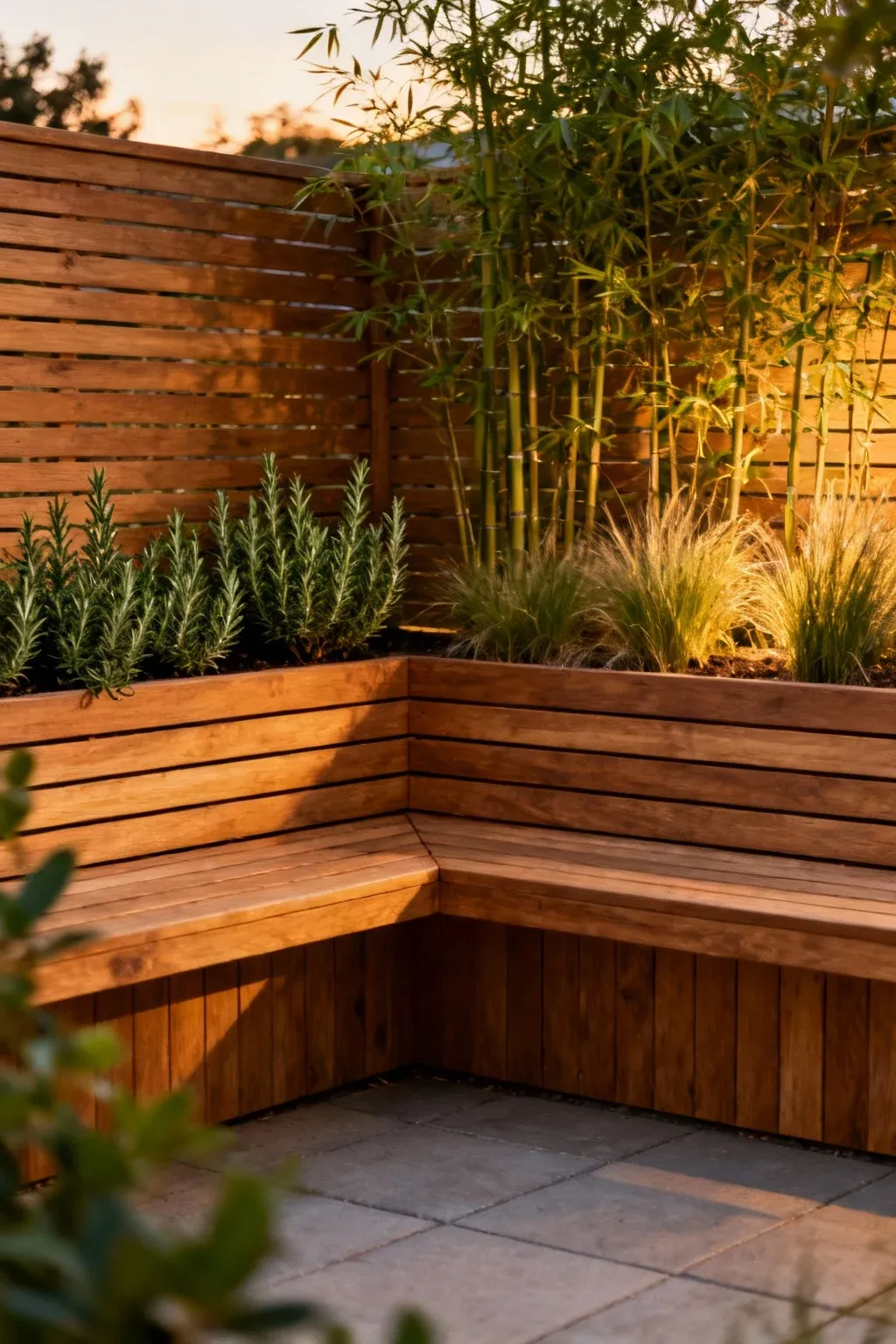 L-shaped cedar bench with integrated planter backing, filled with rosemary and grasses to create privacy and extra seating on a patio.