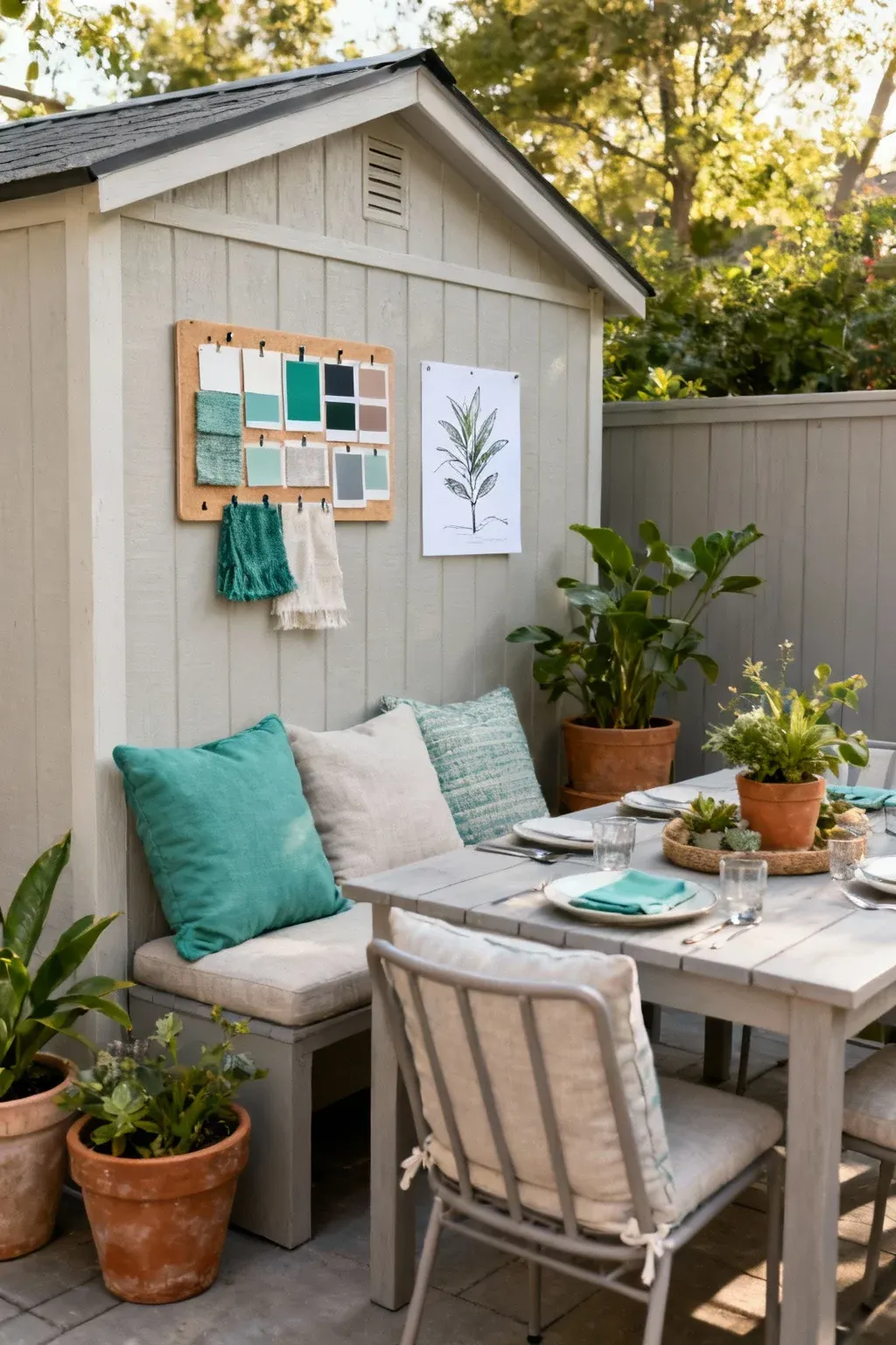 Compact patio dining corner with coordinated cushions and planters, plus a small mood board of color swatches and plant sketches.