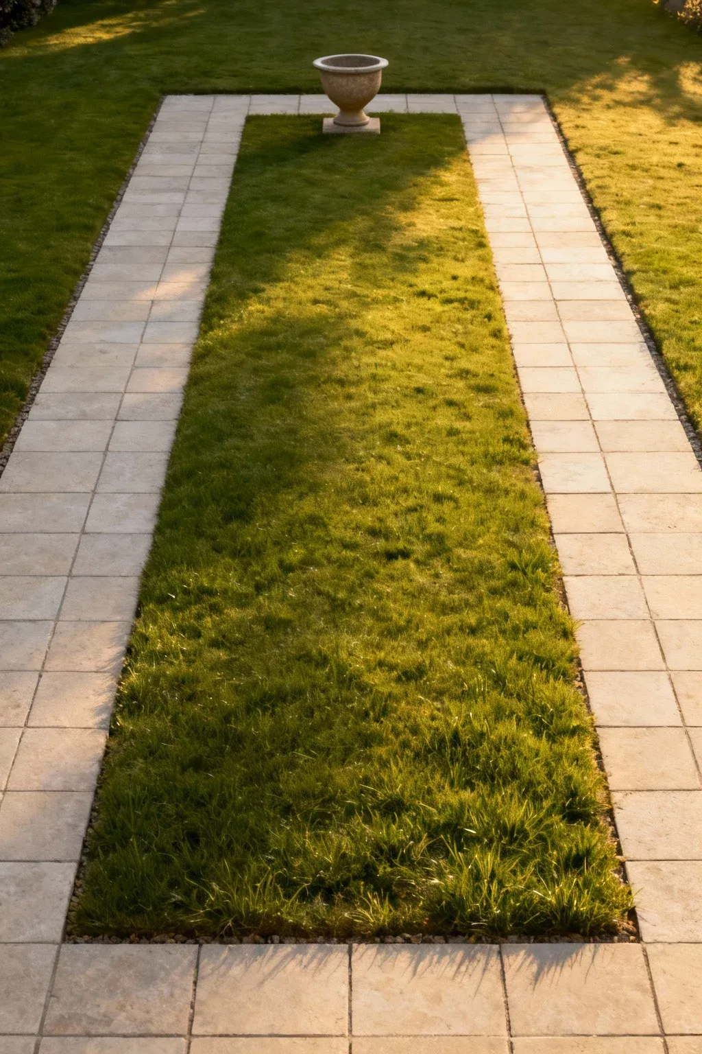 Rectangular lawn neatly framed by double paver rows, finished with a single low urn at one end for a tailored, balanced look.