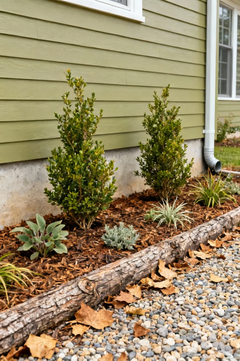 Two-foot foundation planting strip with drought-tolerant shrubs and perennials, fresh mulch, and careful spacing near downspouts.
