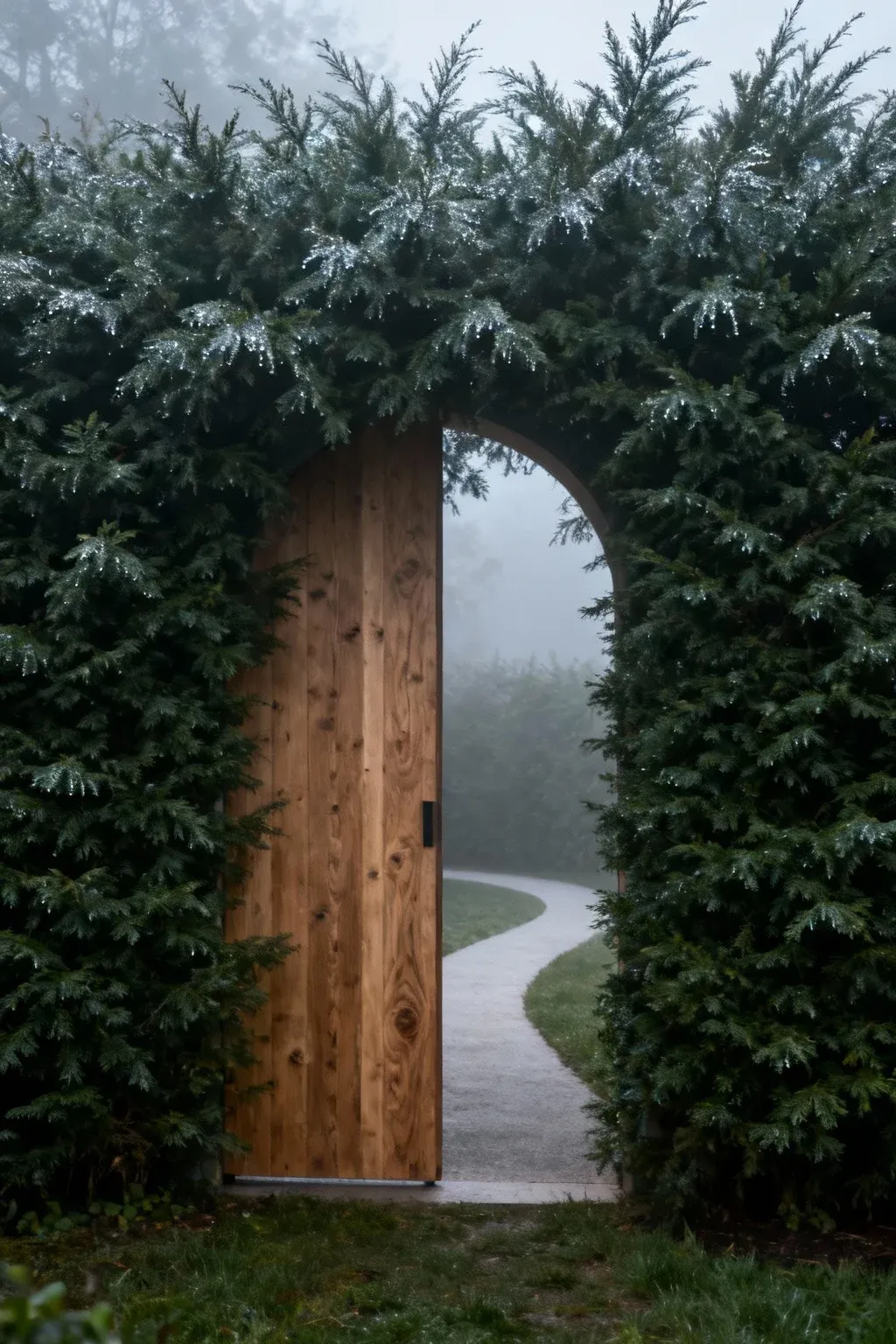 Timber garden gate hidden behind evergreen screening and a slim arch, with a gently curving path hinting at a space beyond.