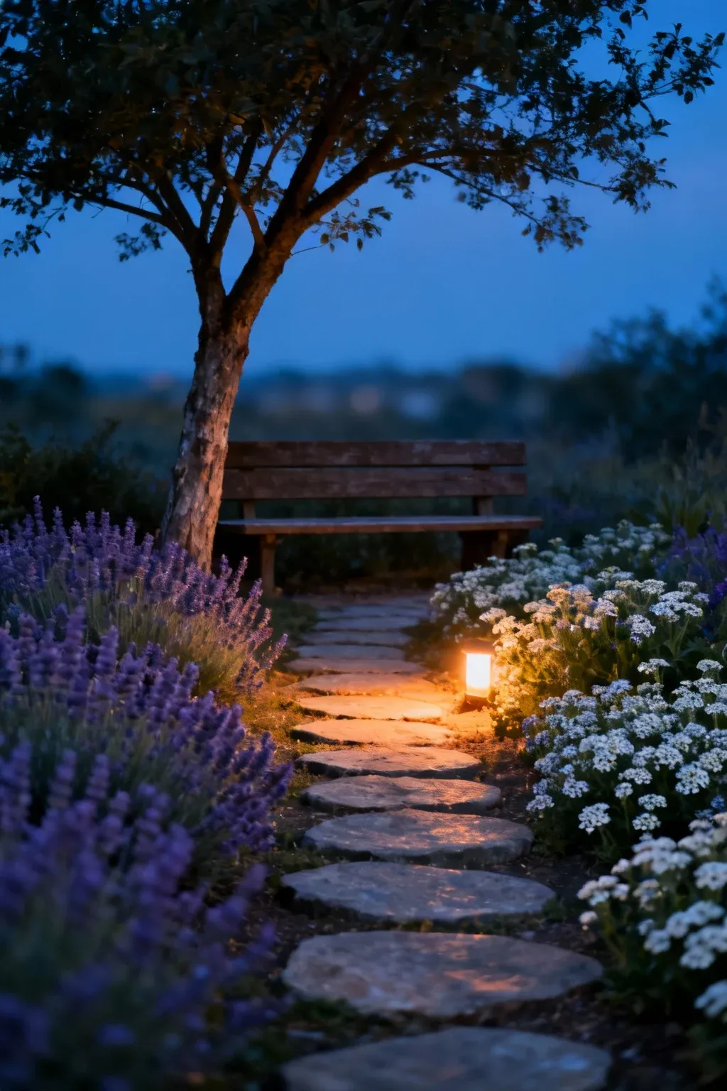 Stepping-stone path under a small tree leading to a quiet bench, edged by scented blooms and lit by a single warm light at dusk.