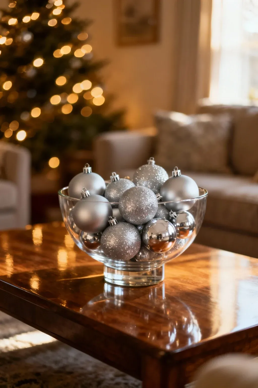 Glass bowl filled with matte, shiny, and glittered silver Christmas ornaments on a coffee table.