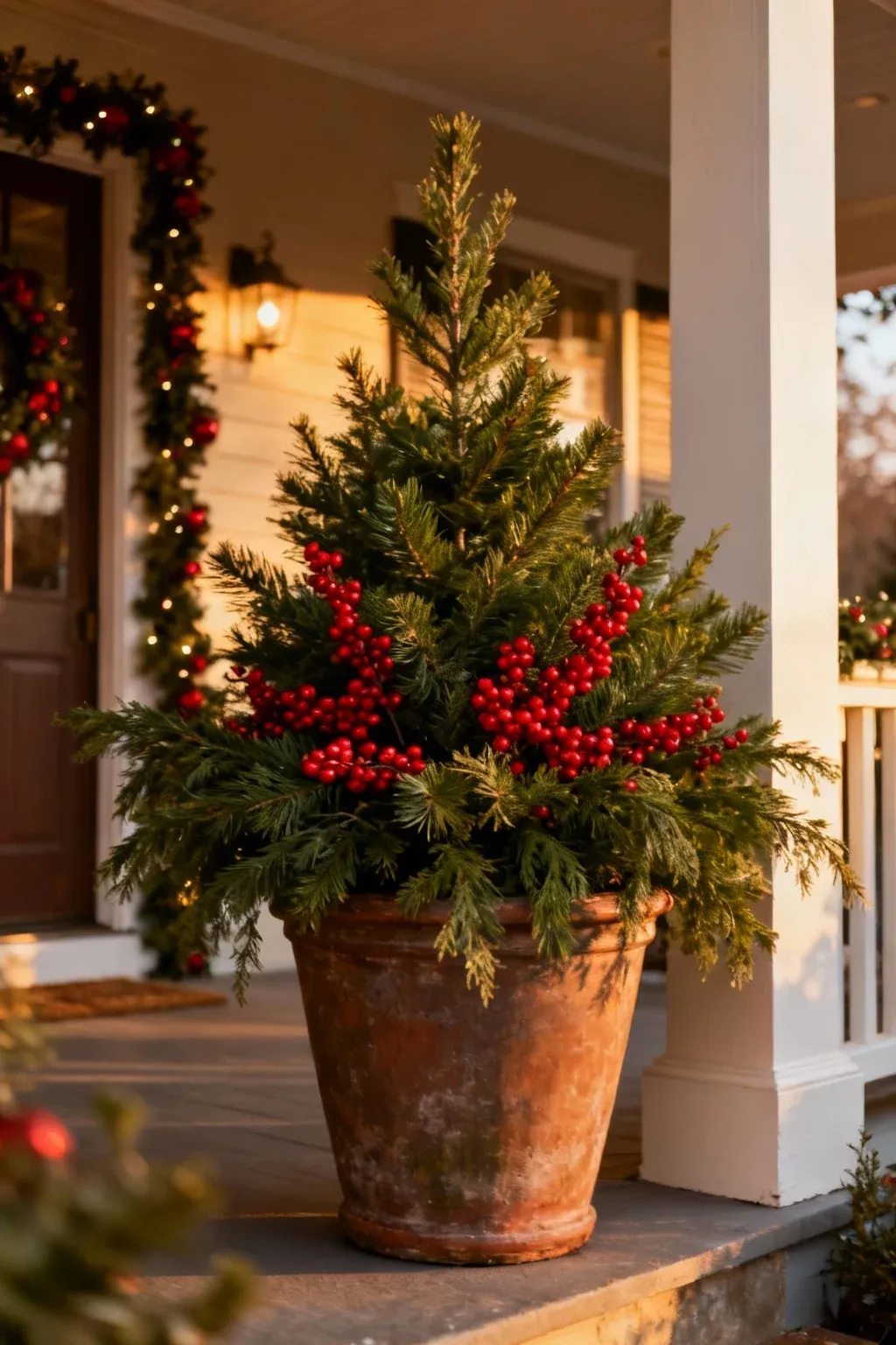 Christmas porch pot with layered evergreen branches and red berry accents in a festive outdoor setting