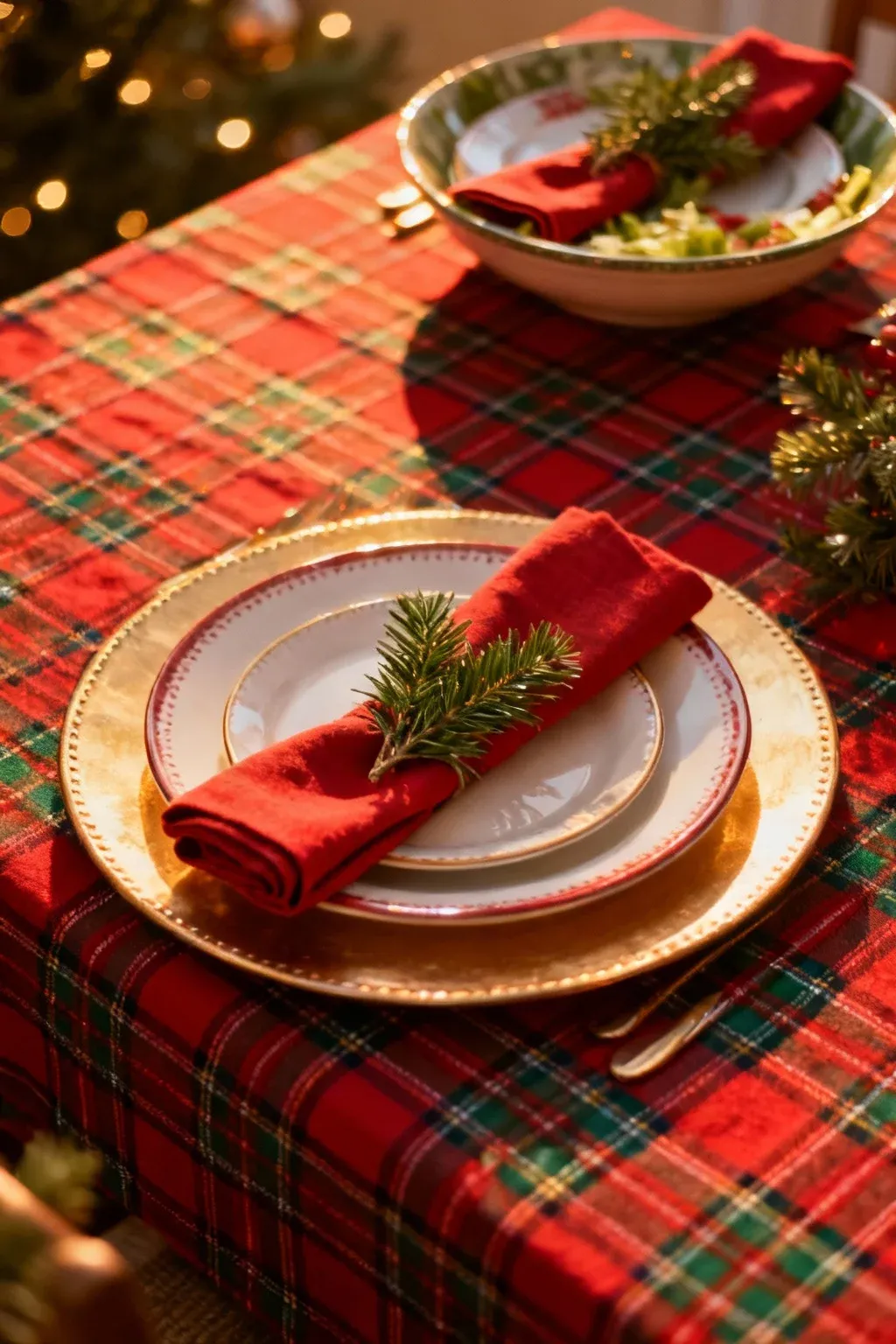 Plaid Christmas tablecloth with stacked plates and napkins tucked with greenery for a festive setting