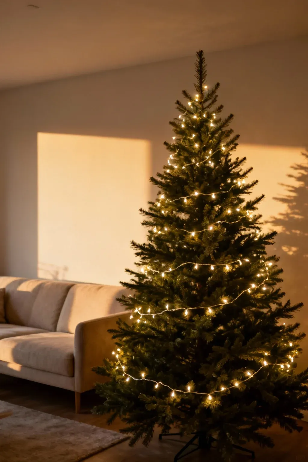 Minimalist Christmas tree softly glowing with warm white lights in a neutral-toned room.