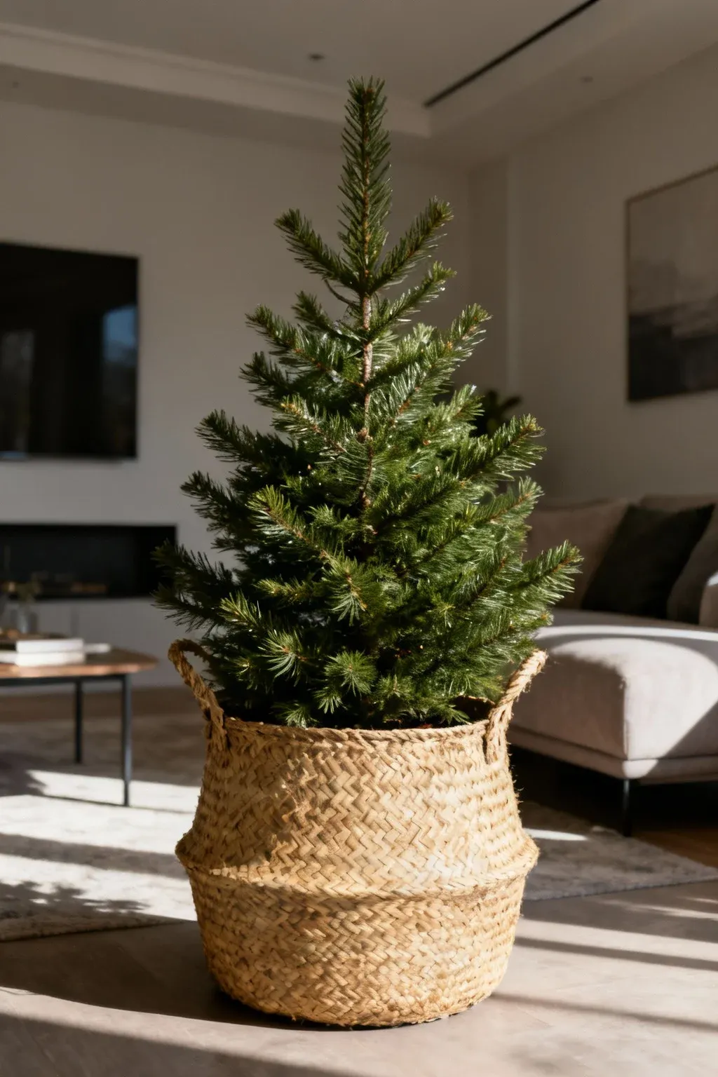Green Christmas tree set in a woven seagrass basket, adding texture and warmth to a modern space.