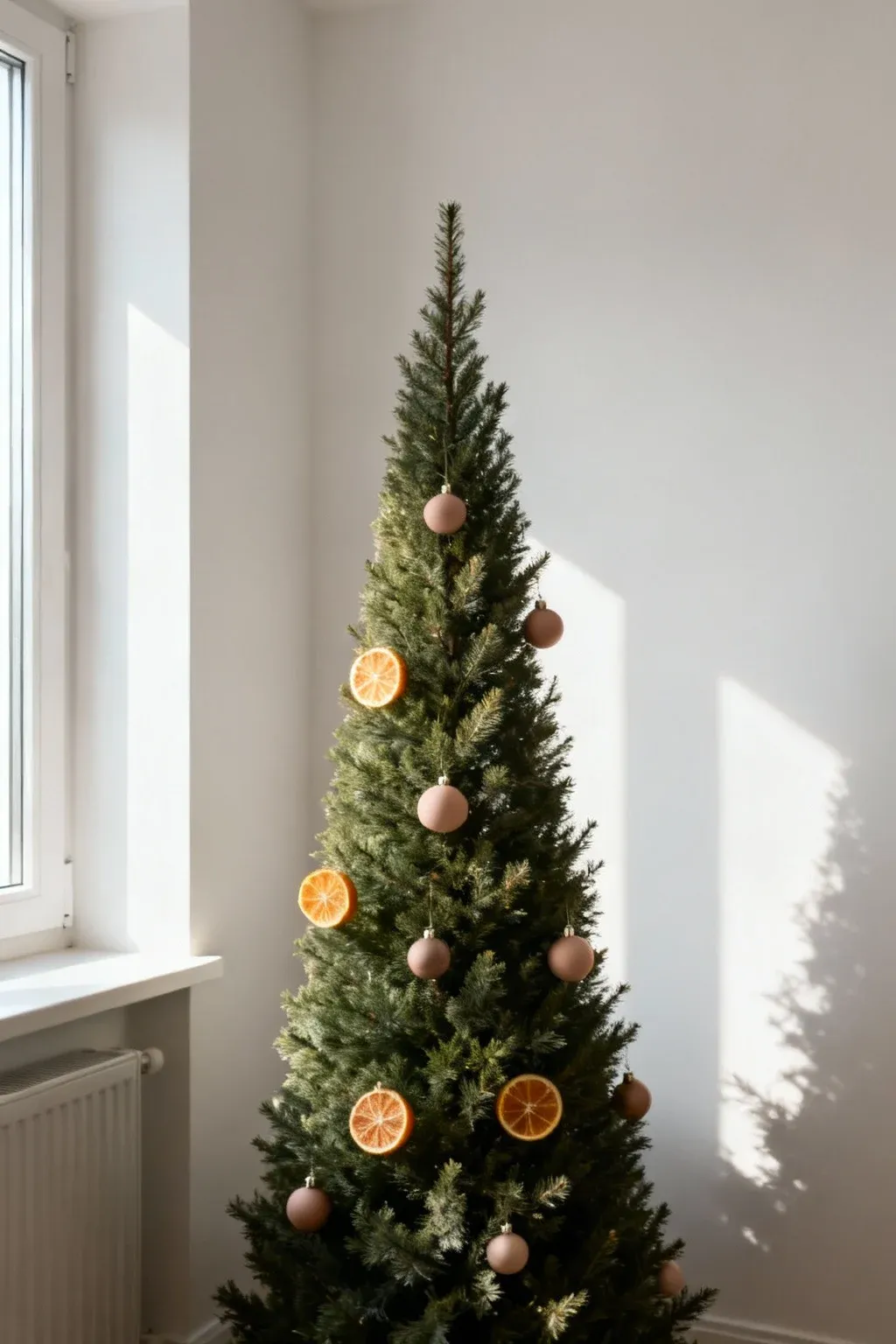 Slim pencil Christmas tree with light natural decorations placed subtly in a bright apartment corner.