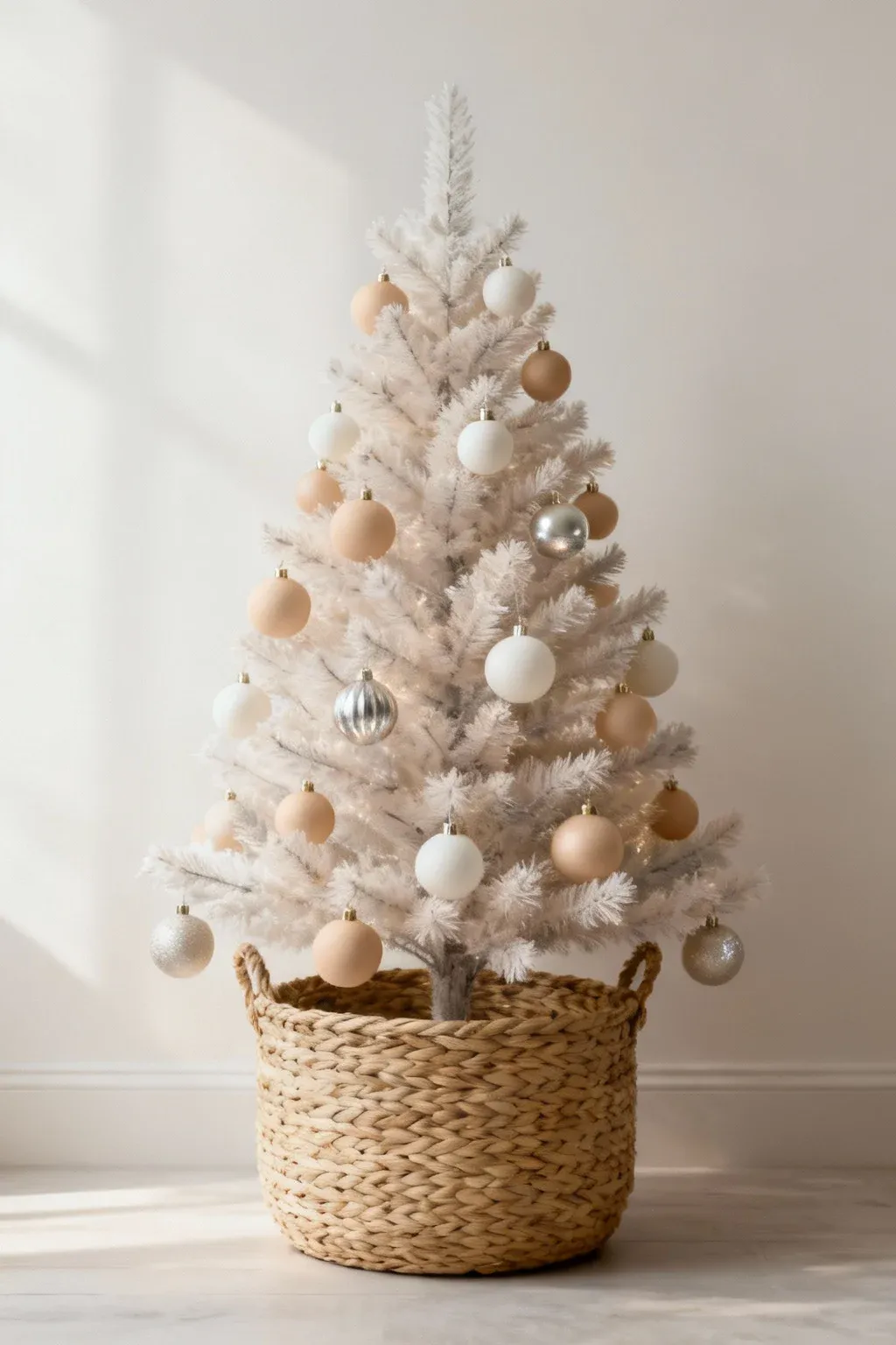 Artificial Christmas tree in a neutral basket with beige and ivory ornament accents in a minimalist style.