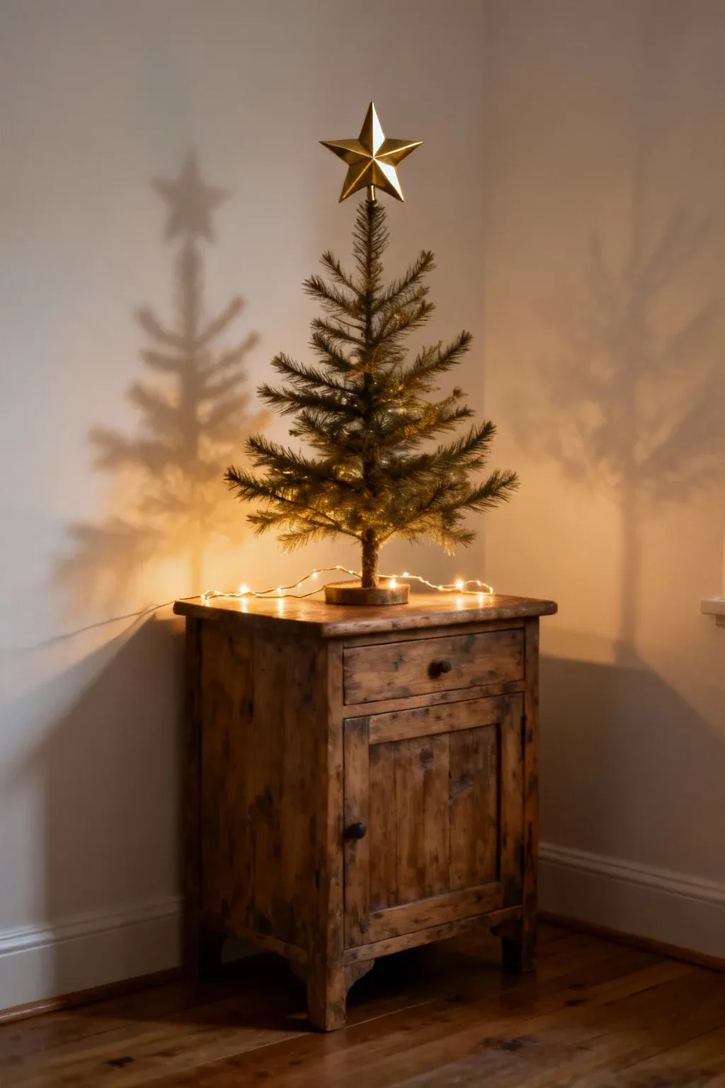 Small minimalist Christmas tree on a side table with simple lights in a cozy neutral room.