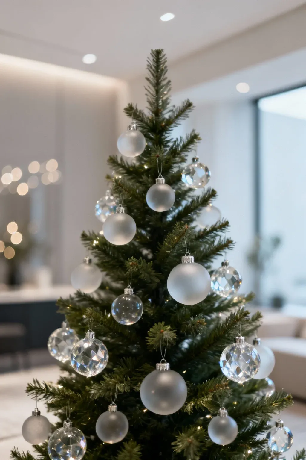 Modern Christmas tree decorated only with clear and frosted glass baubles in a soft glowing room.