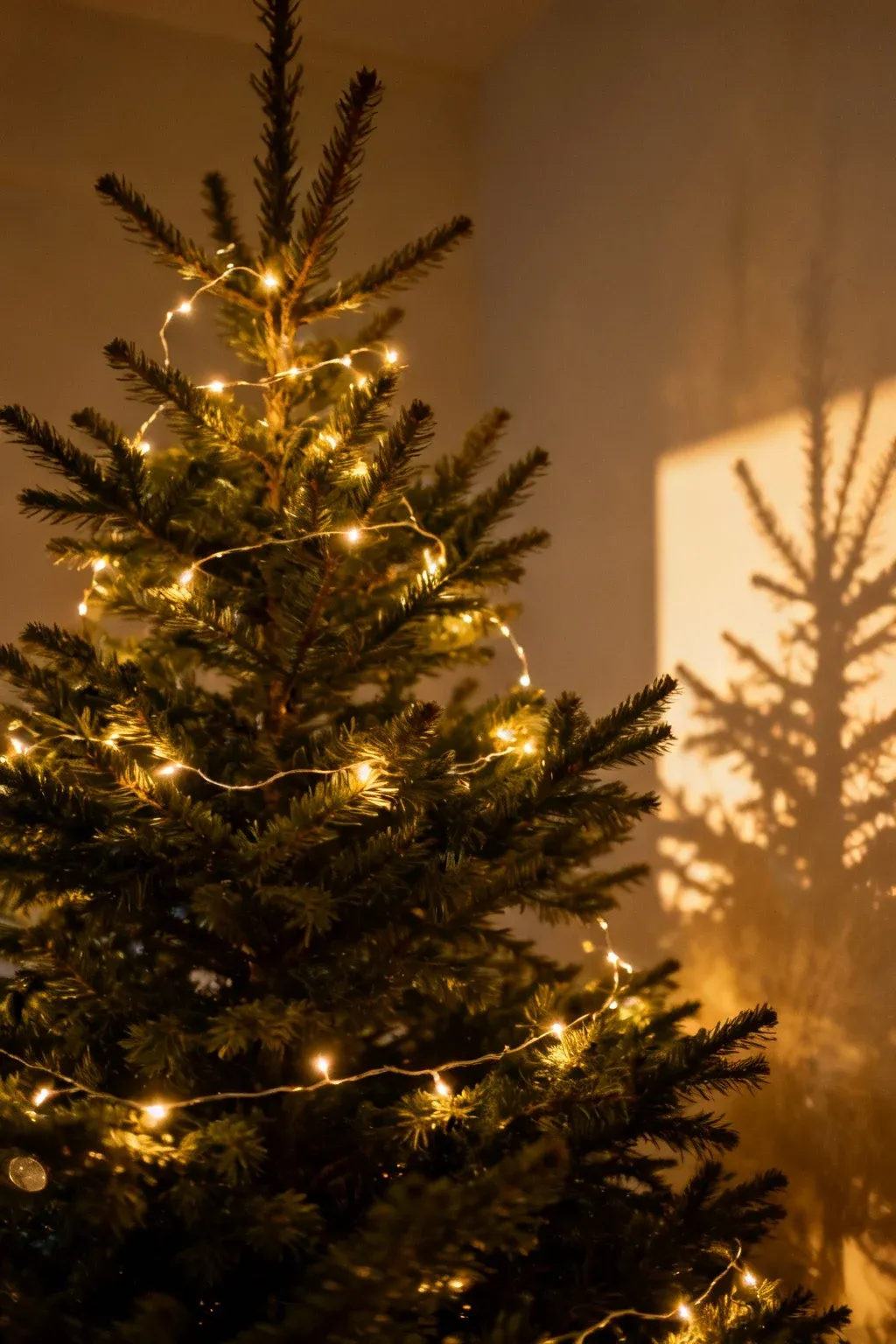 Minimalist Christmas tree glowing softly with warm string lights against a simple background.