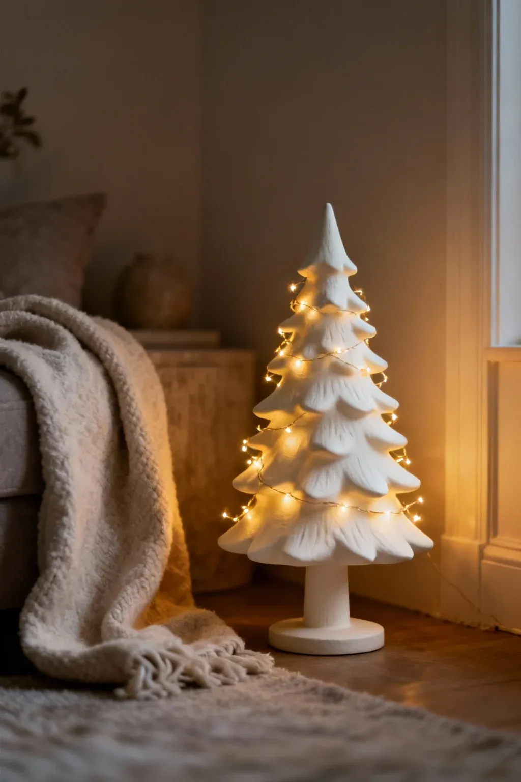 Small white Christmas tree glowing warmly in a cozy bedroom corner with soft decor.