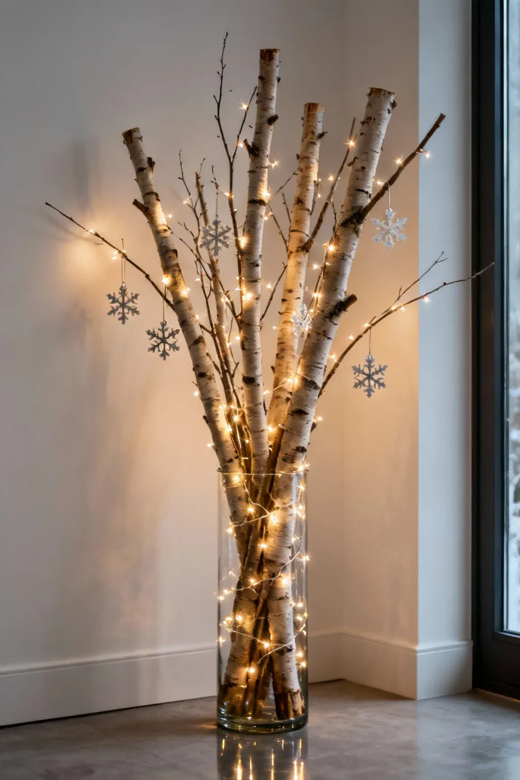 Tall vase of birch sticks decorated with fairy lights and snowflakes for minimalist seasonal decor.