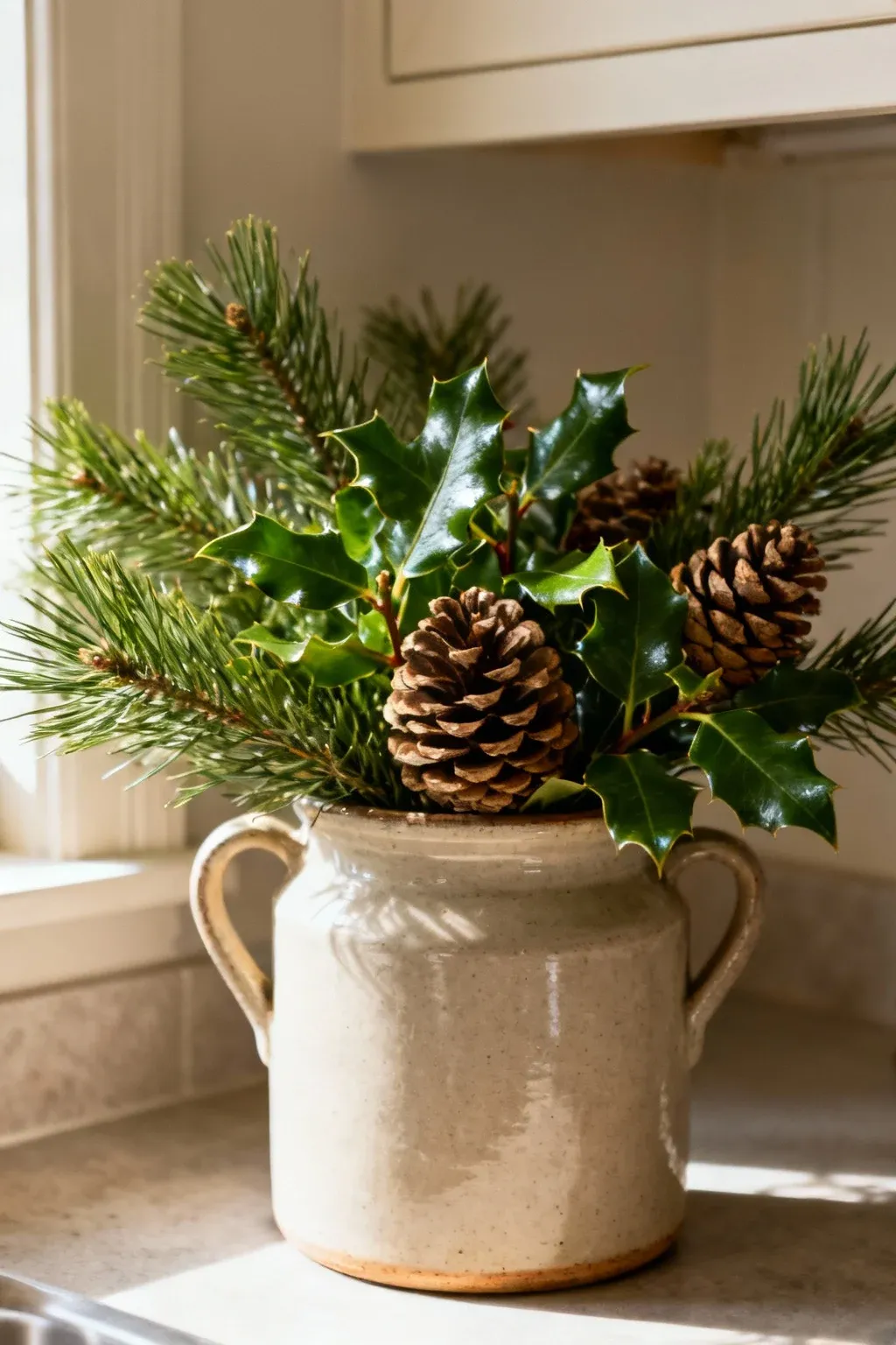 Ceramic crock filled with pine greenery, holly, and pinecones set in a rustic holiday interior.