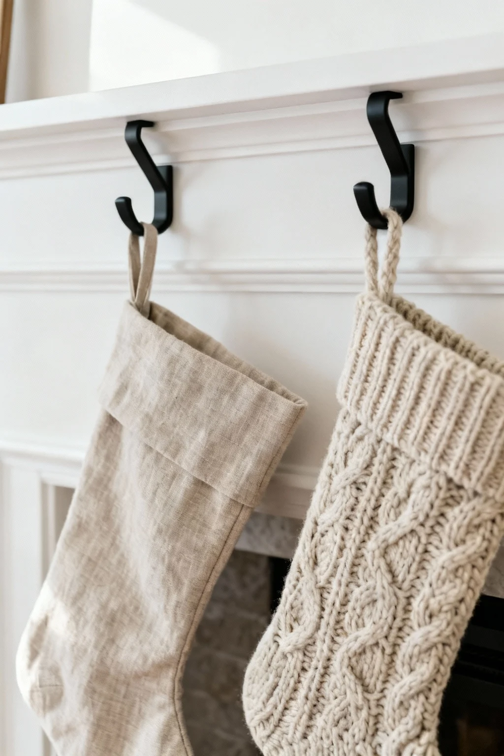 Neutral linen and knitted stockings hanging from simple black hooks in a minimalist Christmas display