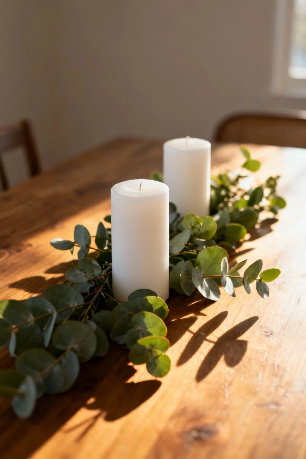 White pillar candles surrounded by simple eucalyptus greenery forming a calm minimalist Christmas centerpiece
