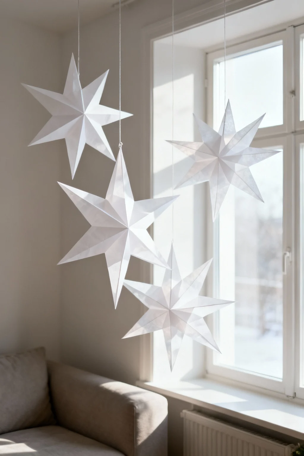 Large white paper stars hanging as simple Scandinavian-inspired Christmas decor in a minimalist setting