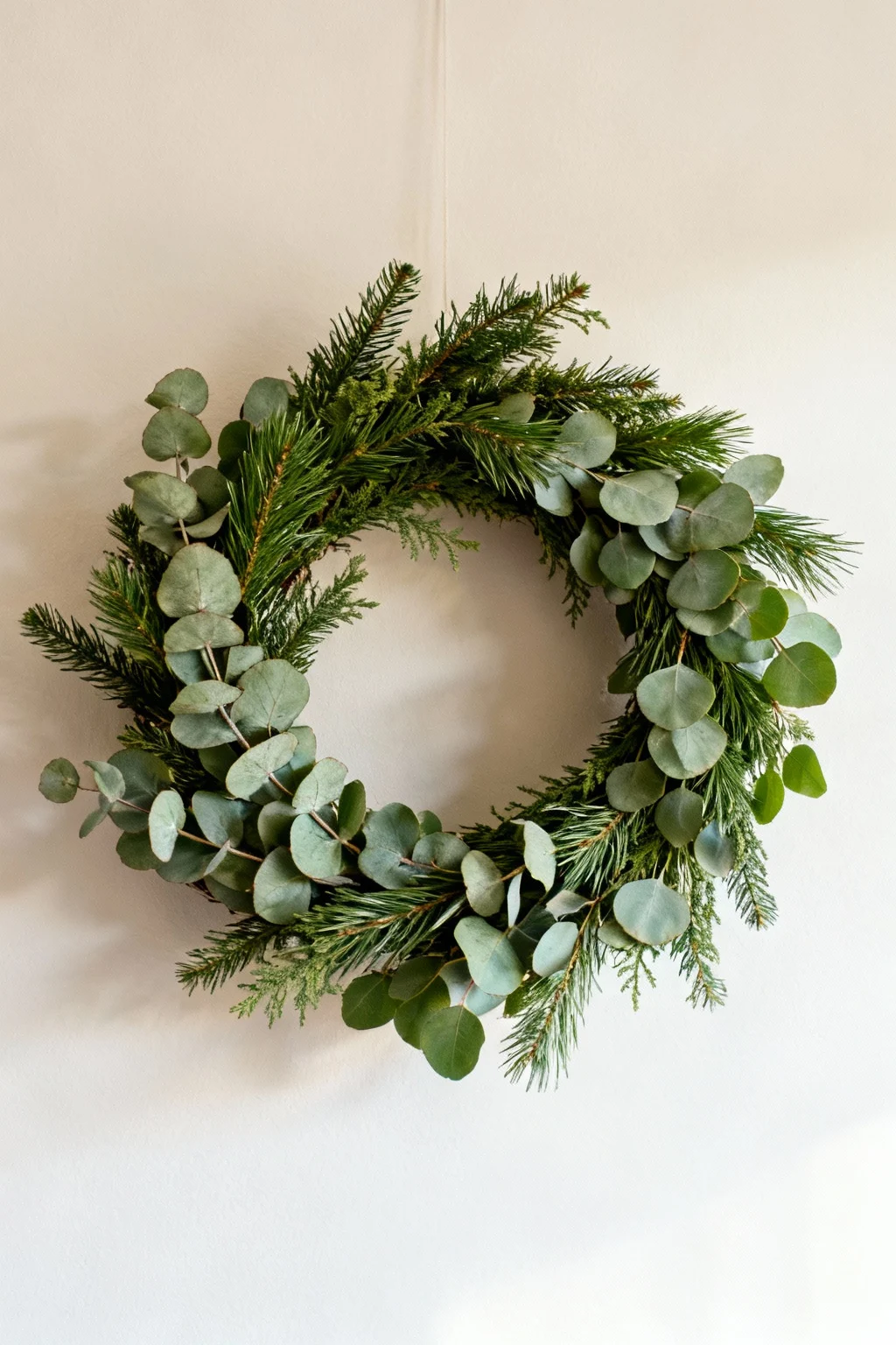 Minimalist Christmas wreath made from simple eucalyptus and pine branches on a neutral wall