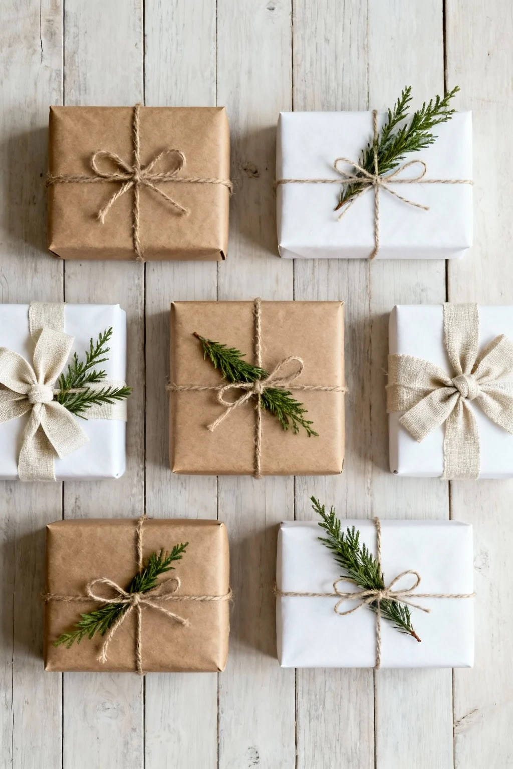 Minimalist Christmas gifts wrapped in kraft and white paper with twine and sprigs of greenery