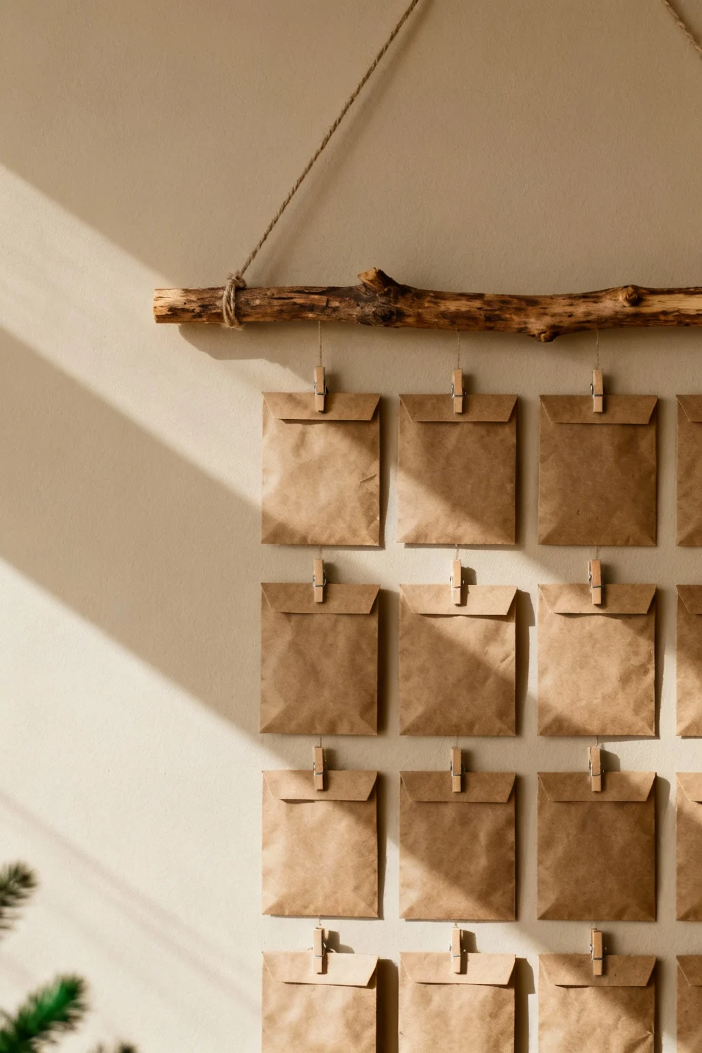Minimalist advent calendar made of kraft paper envelopes hanging neatly from a natural branch
