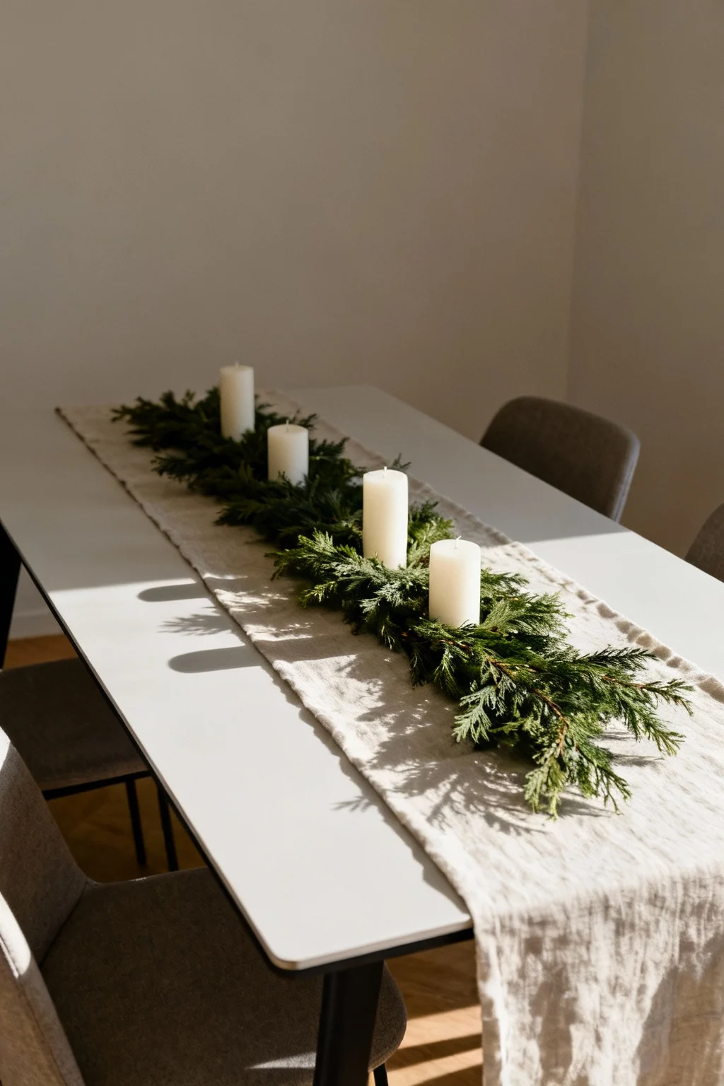 Minimalist dining table with a simple linen runner, greenery, and candles for Christmas