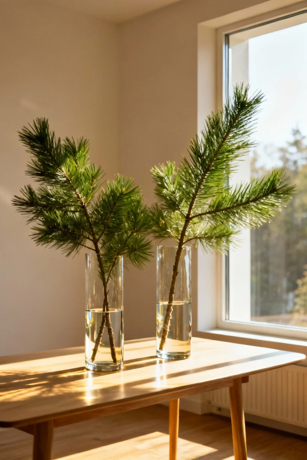 Minimalist glass vases filled with single pine branches as simple Christmas decoration